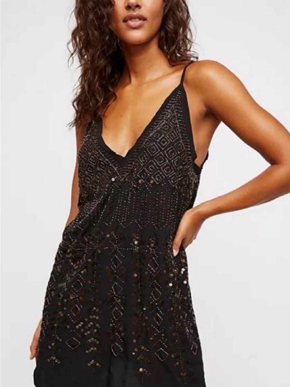 Free People Black Beaded V-Neck Mini Dress